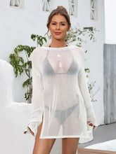 White sheer knit slit boat neck dropped shoulder swimsuit cover-up