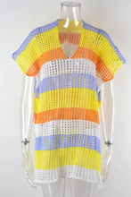 Slit color block V-neck cover-up with striped mesh knit short sleeves