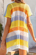 Slit color block V-neck crochet cover-up in multi-colored stripes