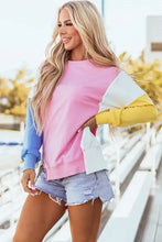 Slit contrast round neck long sleeve sweatshirt with pink, blue, yellow sleeves