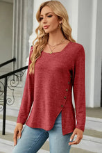 Women’s long-sleeve square neck red heathered knit top with decorative button square hem