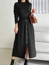 Black ribbed knit midi dress with front buttons, side slit, mock neck, long sleeves