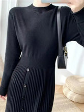 Black ribbed knit Slit Front Mock Neck Long Sleeve dress, front view