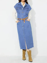 Blue denim dress with slit half button front, collared neck, cap sleeves, button chest pockets, and frayed hem