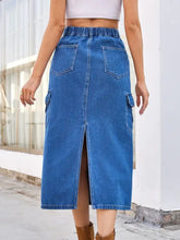 Blue denim slit midi skirt with elastic waistband side pockets and front slit for casual wear