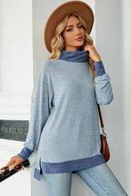 Two-tone blue slit mock neck long sleeve turtleneck sweater