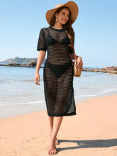 Black crochet openwork round neck short-sleeve midi cover-up dress with slit