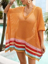 Orange crochet knit cover-up with colorful stripes, slit openwork half sleeve