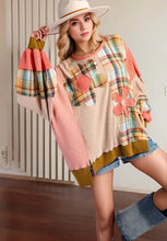 Slit plaid round neck long sleeve sweatshirt with floral print