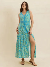 Slit Printed V-Neck Sleeveless Dress Teal Casual Dresses