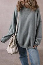 Women’s slit round neck long sleeve sweatshirt in teal-grey