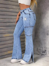 Light-wash denim slit star flare leg jeans featuring a sparkling star patch on the thigh and side slit detail