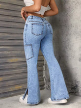Light-wash denim slit Star flare leg jeans with cargo pockets and ankle splits for a stylish casual look