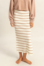 Slit Striped Bodycon Knit Midi Skirt With Side Slit Tan