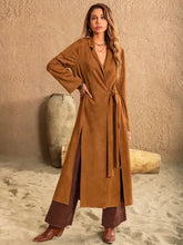 Slit Tied Collared Neck Longline Coat Woman Outerwear