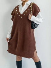 Brown ribbed knit sleeveless Slit V-Neck Sweater Dress with pearl V-neckline