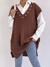 Brown sleeveless Slit V-Neck Sweater Dress with pearl V-neck embellishments