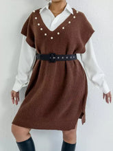 Slit V-neck brown ribbed knit sweater dress with pearls and black belt