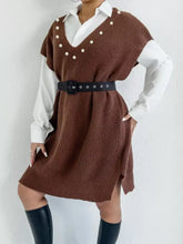 Slit V-neck brown ribbed knit sleeveless sweater dress with pearl buttons