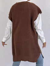 Brown ribbed knit sleeveless Slit V-Neck Sweater Dress over white shirt