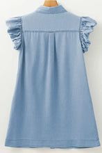 Light blue denim dress with smocked collared neck and ruffled cap sleeves perfect for casual wear