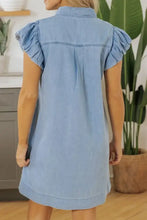 Light blue denim dress with smocked collared neck and ruffled cap sleeves in lightweight denim fabric