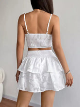 White smocked crop top and ruffle mini skirt set, two-piece summer outfit