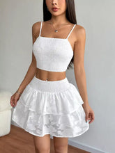 Smocked crop top and ruffle mini skirt set with floral embroidery