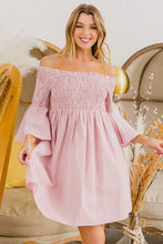 Smocked Off-Shoulder Striped Dress in Pink and White