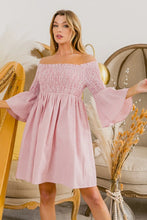 Smocked Off-Shoulder Striped Dress in Pink and White BLUSH