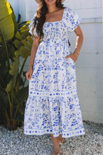 Smocked Printed Square Neck Puff Sleeve Dress Royal Blue Woman Casual Dress