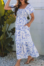 Smocked Printed Square Neck Puff Sleeve Dress Woman Casual Dress