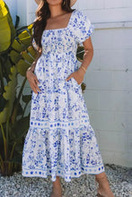 Smocked Printed Square Neck Puff Sleeve Dress Woman Casual Dress