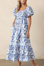 Smocked Printed Square Neck Puff Sleeve Dress Woman Casual Dress