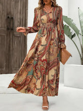 Smocked Printed V-Neck Flounce Sleeve Dress Caramel Woman Maxi Dress