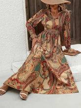 Smocked Printed V-Neck Flounce Sleeve Dress Woman Maxi Dress