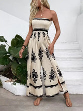 Smocked printed wide leg jumpsuit in beige and black embroidery