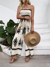 Smocked printed wide leg jumpsuit in beige and black embroidery