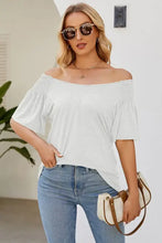 Women’s smocked round neck flutter sleeve off-shoulder white top