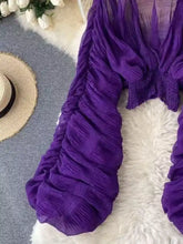 Vibrant purple smocked ruched long sleeve blouse with sheer lightweight fabric and delicate crochet neckline detailing