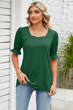 Smocked square neck short sleeve dark green women’s top with ruffled cuffs