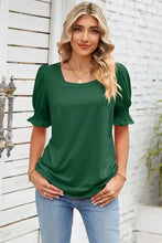 Smocked square neck short sleeve green blouse with ruffled cuffs