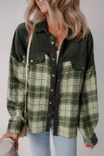 Green plaid shacket with long sleeve length, laid flat