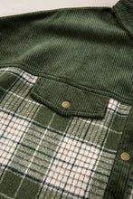 Green plaid shacket with long sleeve length, laid flat