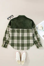 Oversized plaid shacket in olive green and white corduroy with long sleeve length, laid flat