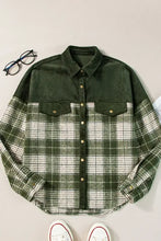 Green plaid shacket with long sleeve length, laid flat