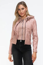 Snobbish Faux Leather Zip Up Drawstring Hooded Jacket Mauve Woman Outerwear