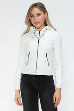 Snobbish Faux Leather Zip Up Drawstring Hooded Jacket White Woman Outerwear