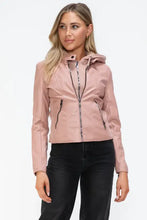 Snobbish Faux Leather Zip Up Drawstring Hooded Jacket Woman Outerwear