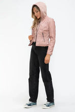 Snobbish Faux Leather Zip Up Drawstring Hooded Jacket Woman Outerwear